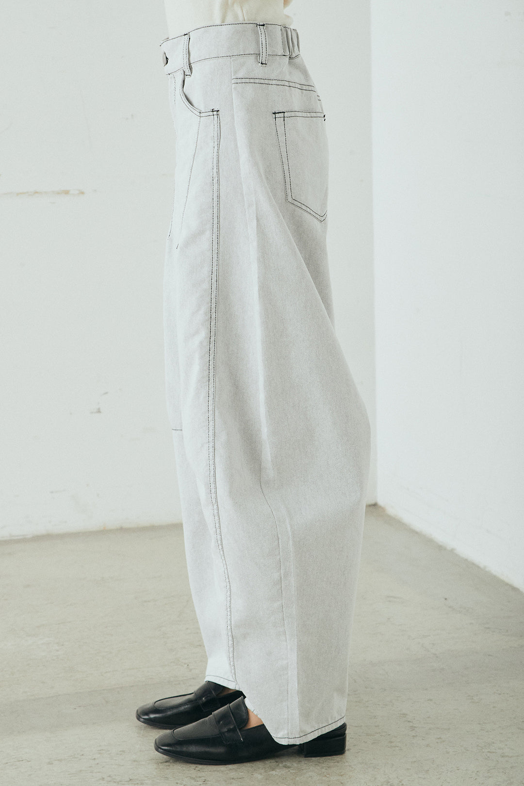 [SET]リバーレースハーフジップ裏毛スウェット+ツイル配色ステッチバレルパンツ(2set)