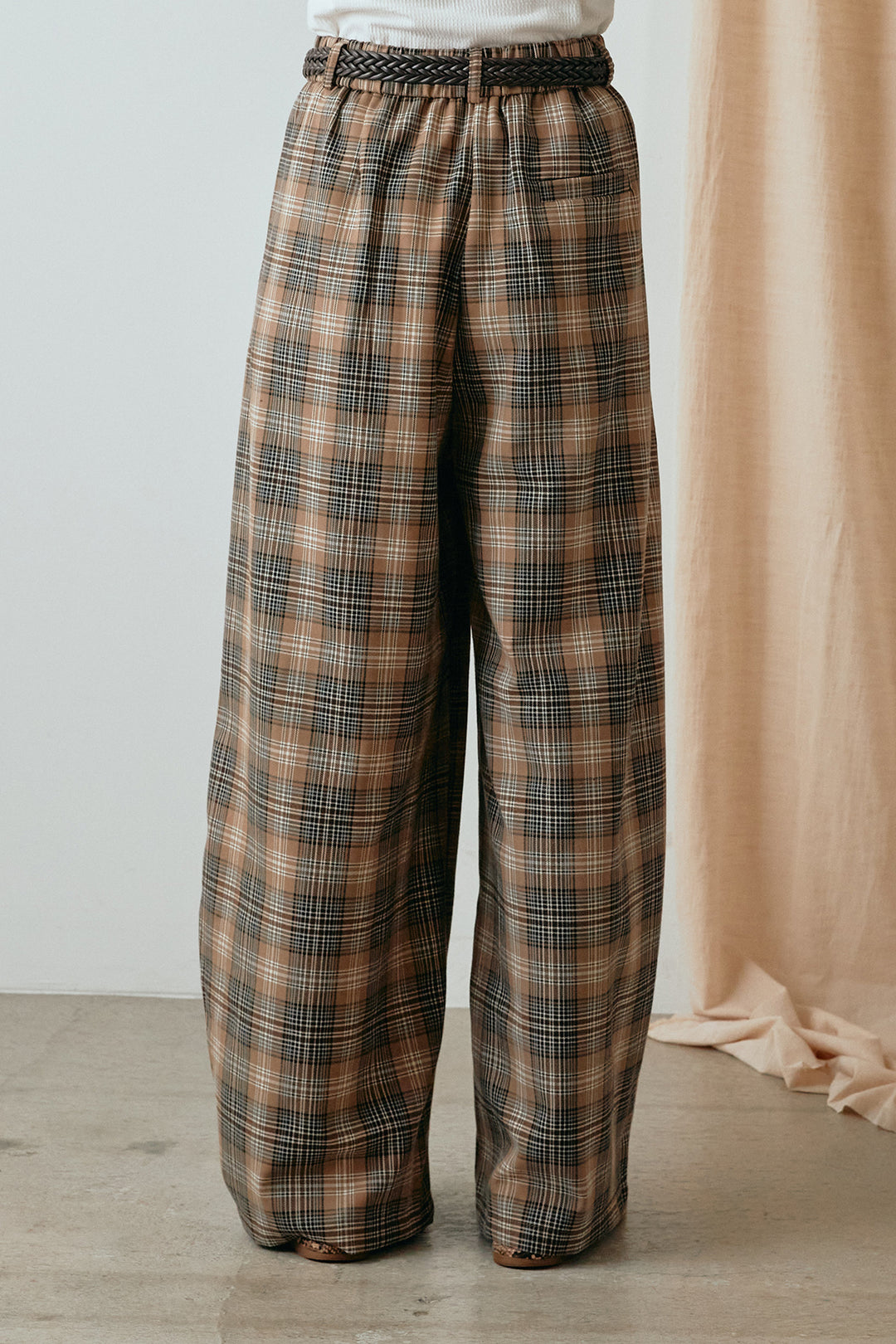 [SET]カシュクールデザインニット+編みベルト付きタータンチェックワイドパンツ(2set)