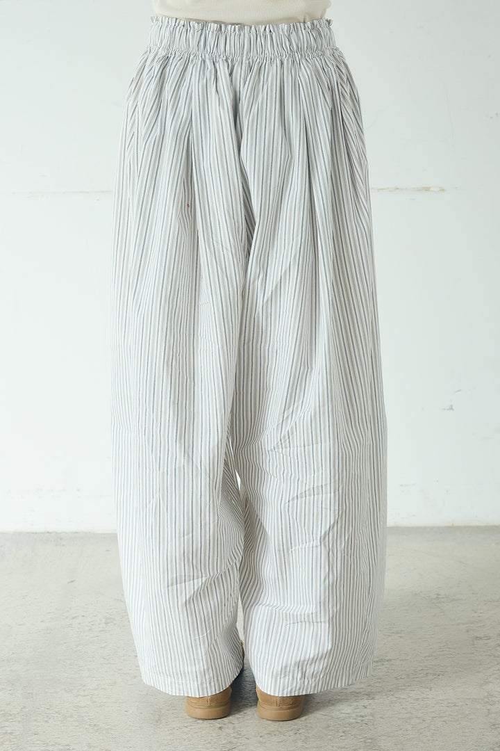 [SET]無地タイ付フーディーBIGシャツ+ランダムストライプタックギャザーパンツ(2set)