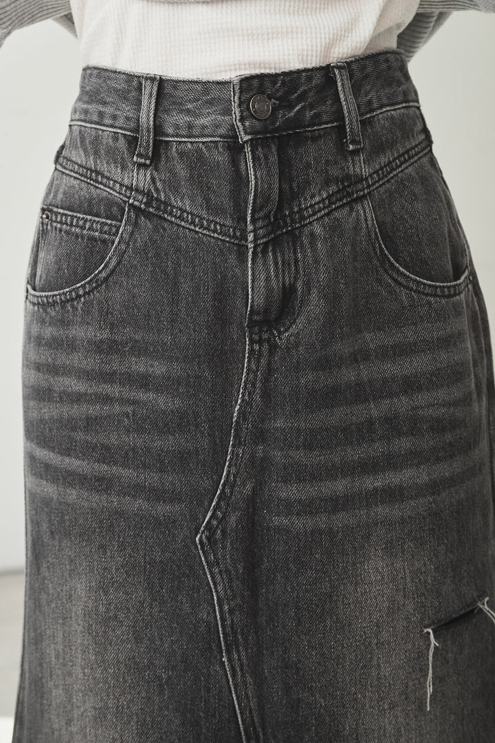 [SET]バイカラーニットレイヤード風プルオーバー+Aラインデニムスカート(2set)