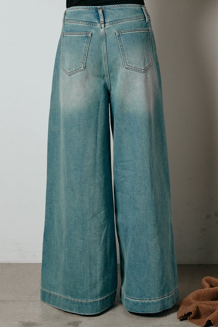 [SET]ハーフジップニットデニムドッキングトップス+ウエストダブルボタンワイドデニムパンツ(2set)