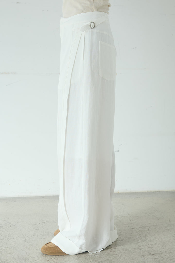 リネン混サイドベルトパンツ