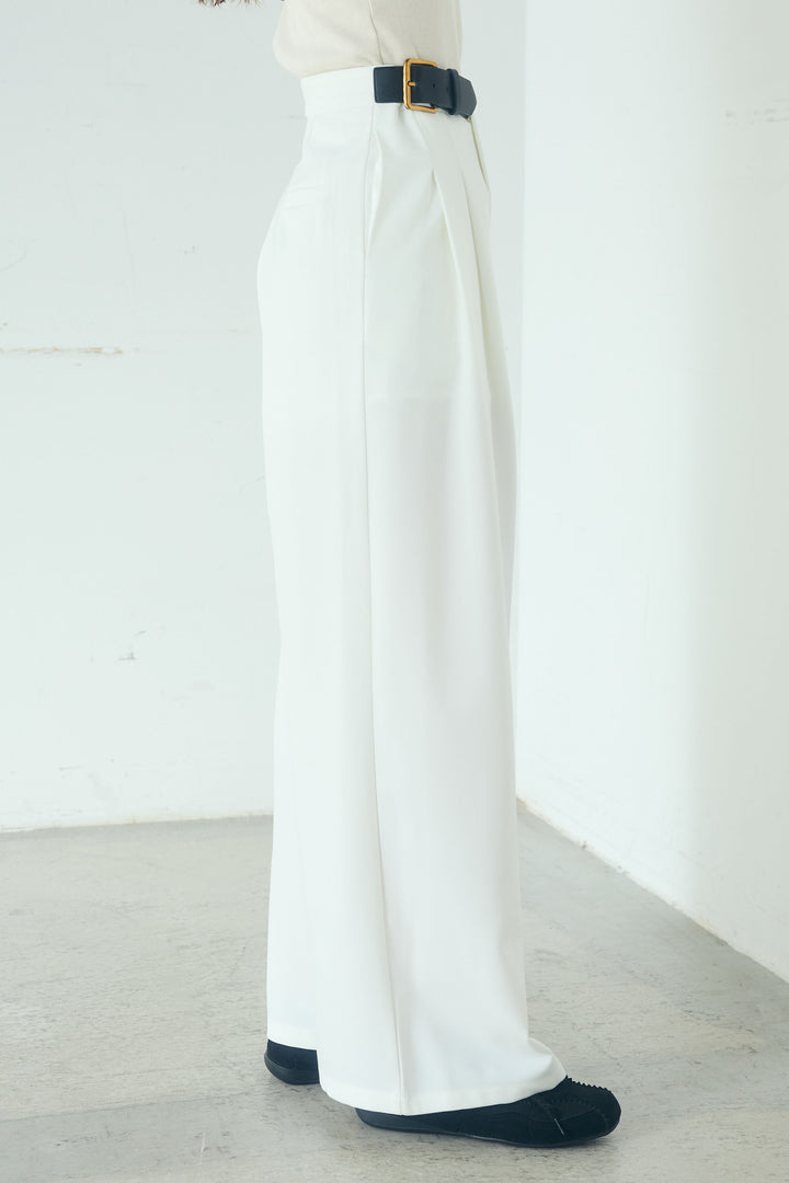 [SET]バイカラーニットレイヤード風プルオーバー+サイドベルトタック入りスラックス(2set)