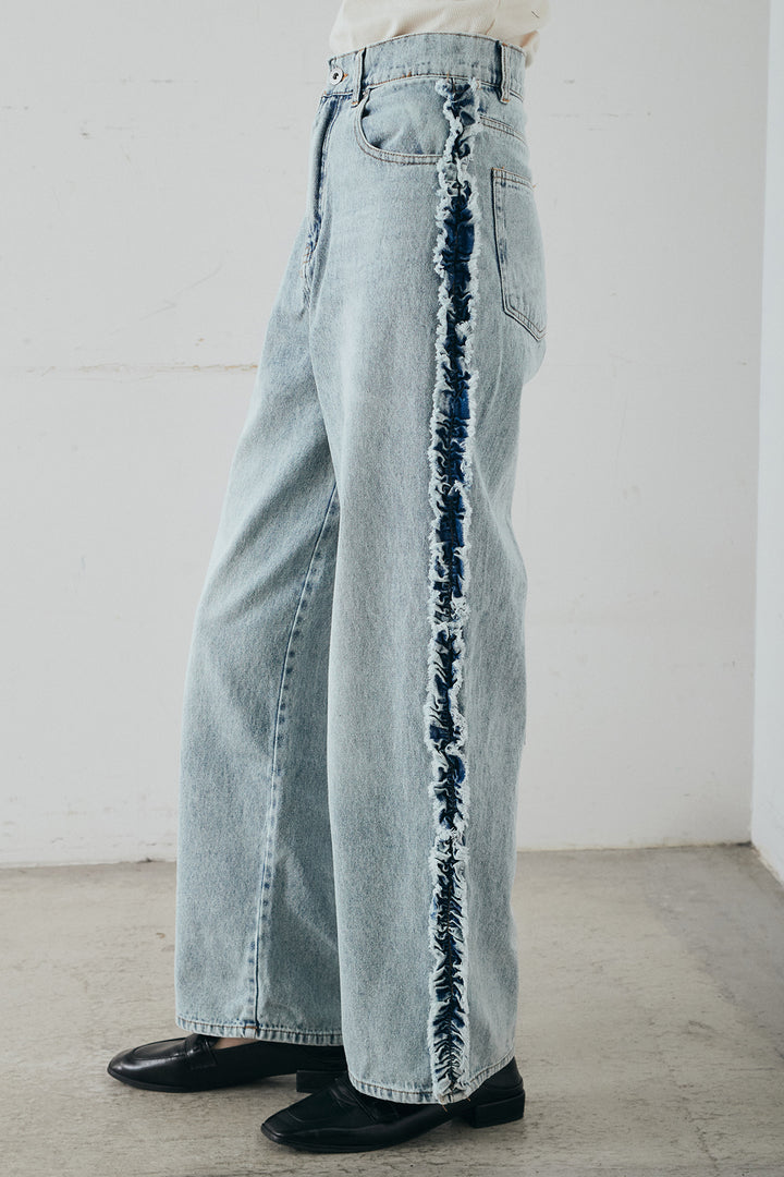 [SET]ランダムストライプスカーフ付きシャツ+デニムサイドフリルパンツ(2set)