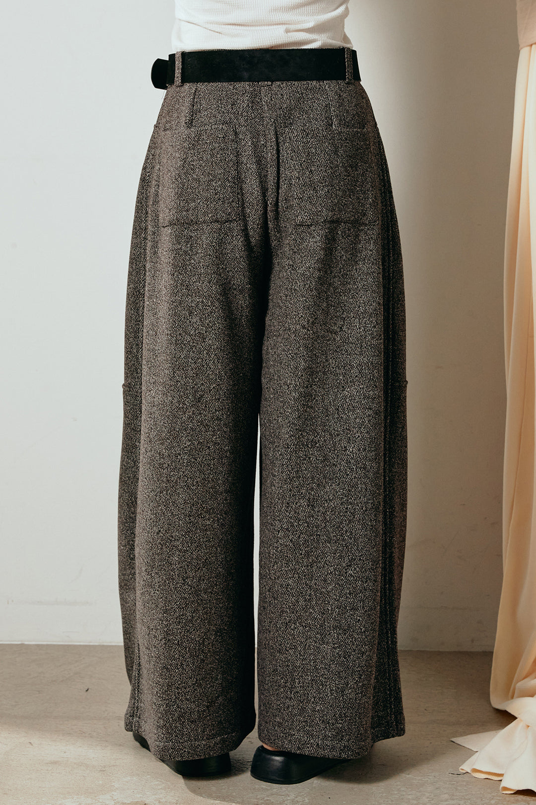 [SET]デニムカラーボーダールーズニット+太ベルト付きツイードワイドパンツ(2set)