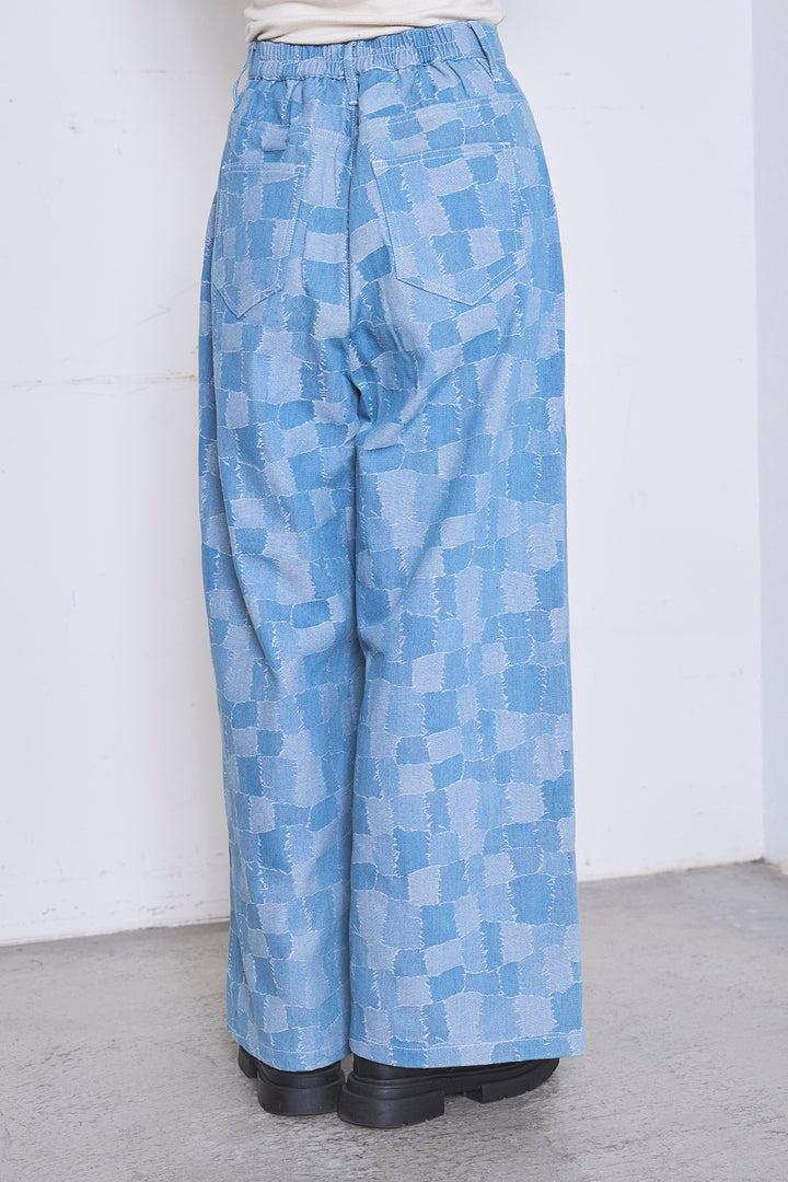 [SET]ロングシアーアウター+パッチワーク風デニムワイドパンツ(2set)