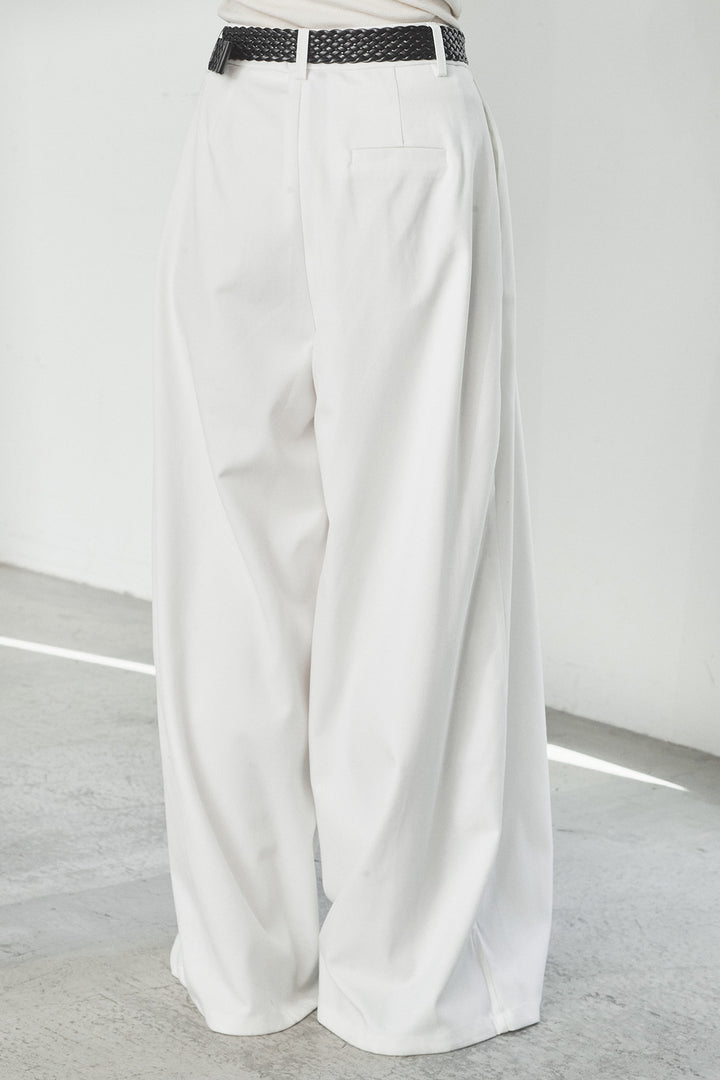 【即納】編みベルト付きウエストタックワイドパンツ