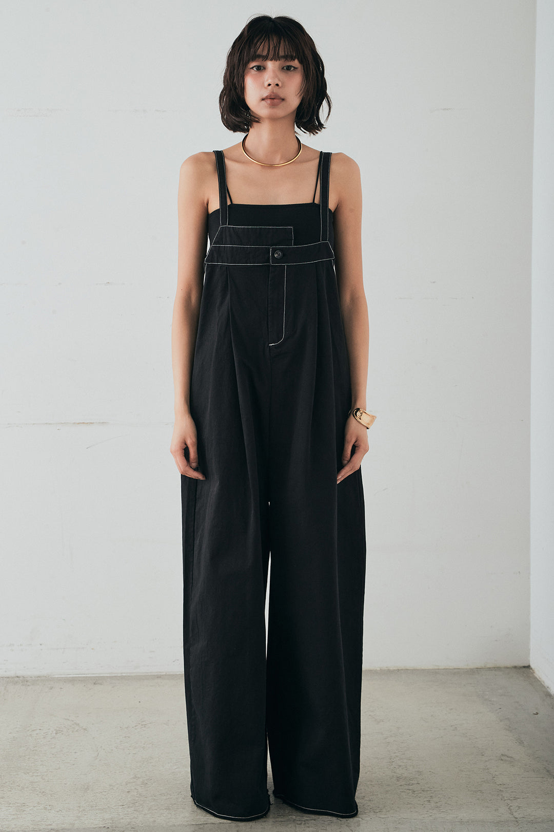 [SET]襟切り替えジップデニムジャケット+綿ツイルアシメサロペット(2set)