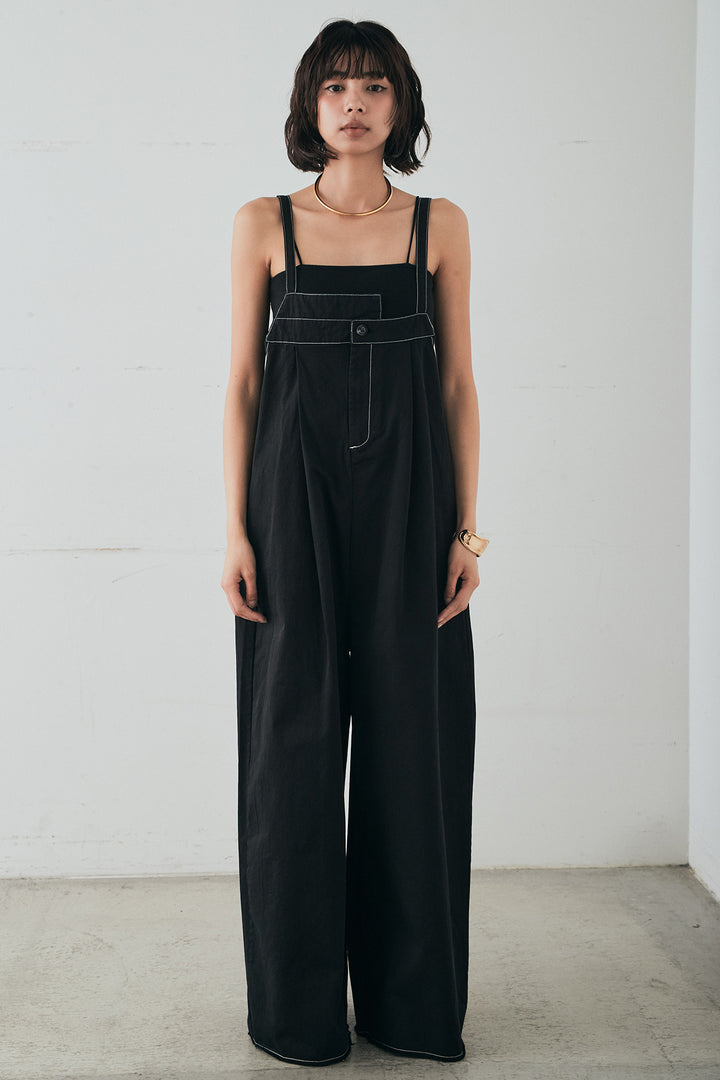 [SET]襟切り替えジップデニムジャケット+綿ツイルアシメサロペット(2set)