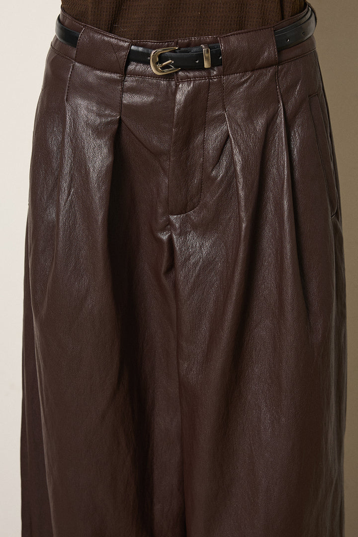 [SET]シャギーボーダー柄ニットカーディガン+ベルト付きレザーライクタックパンツ(2set)