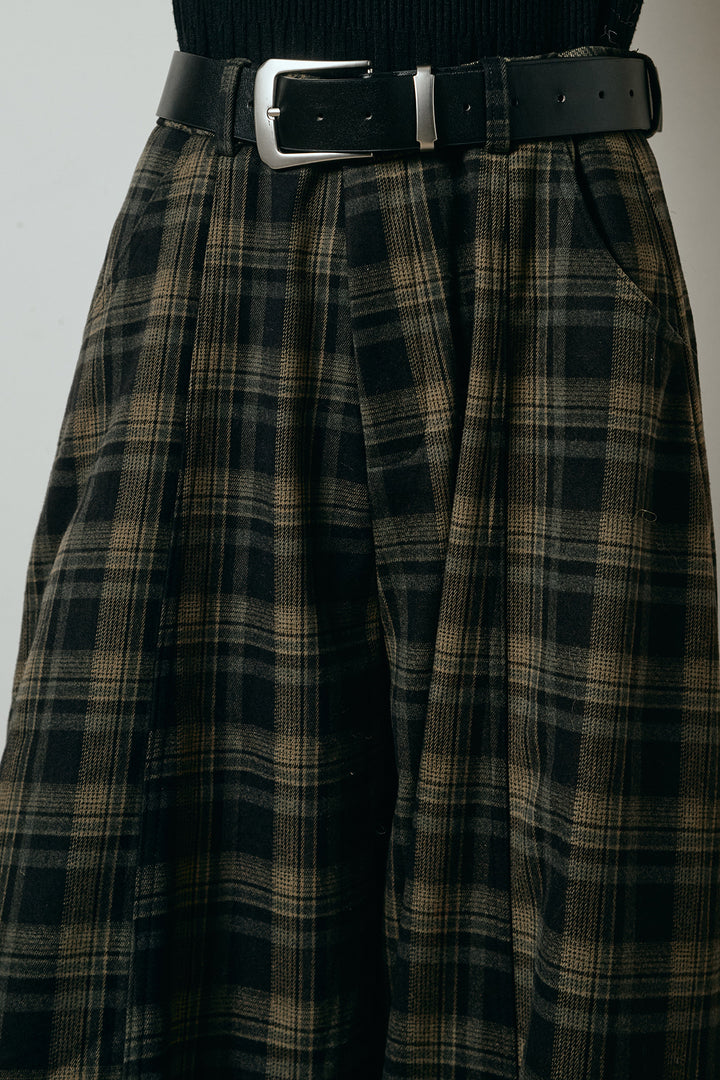 ベルト付きタータンチェックカーブワイドパンツ