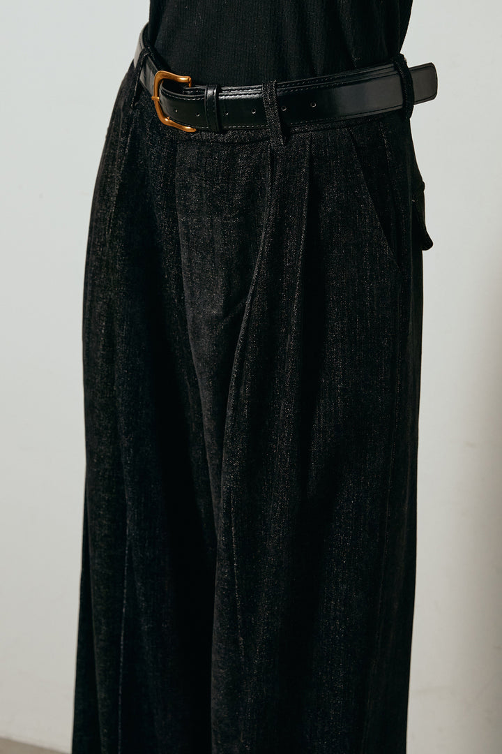 フェイクレザーベルト付きスウェードライクワイドパンツ