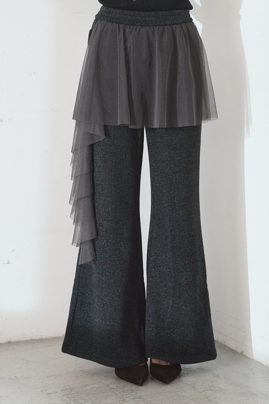 [SET]ノーカラーリブボアアウター+チュールレイヤードニットパンツ(2set)