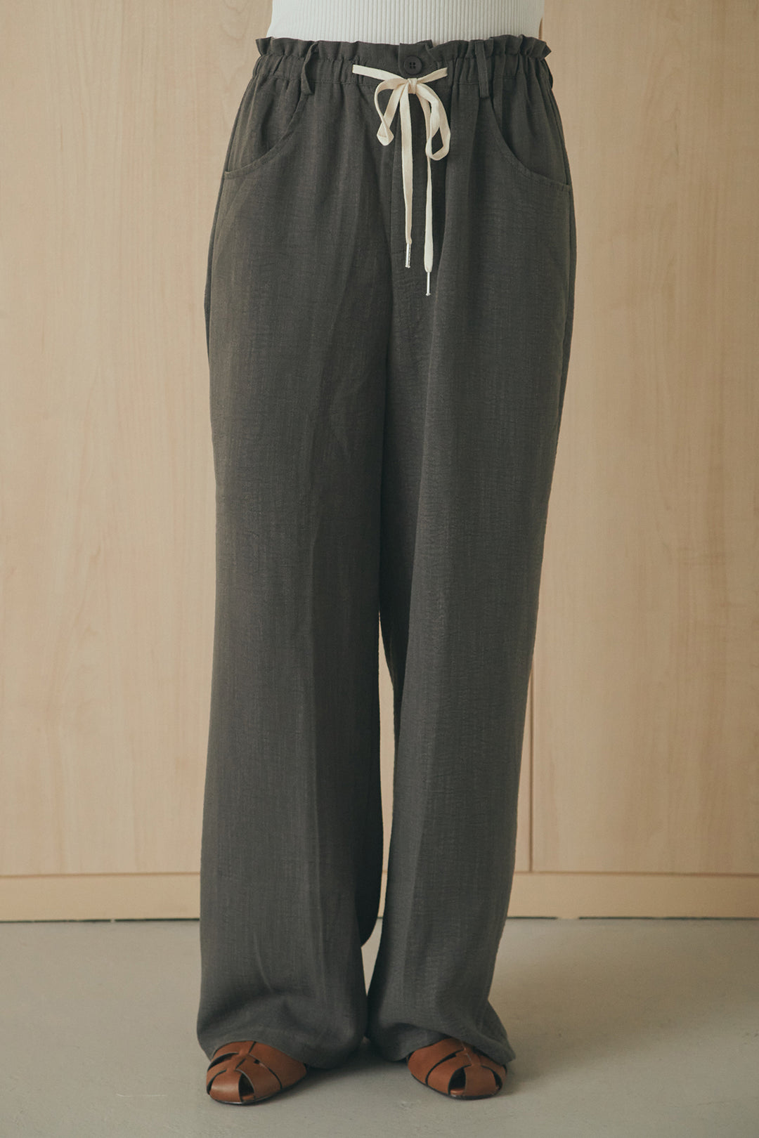 [SET]麻混ノーカラーブルゾン+麻混ウエストドロストパンツ(2set)