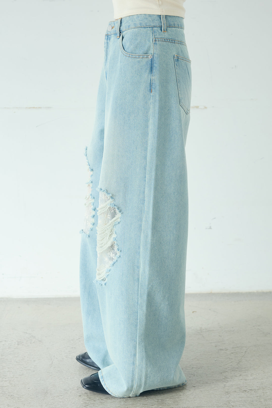 [SET]ローンレースオープンカラーシャツ+デニムレース付きワイドパンツ(2set)