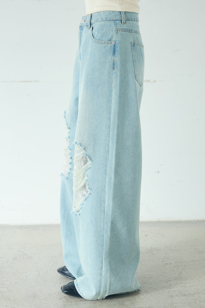 [SET]ローンレースオープンカラーシャツ+デニムレース付きワイドパンツ(2set)