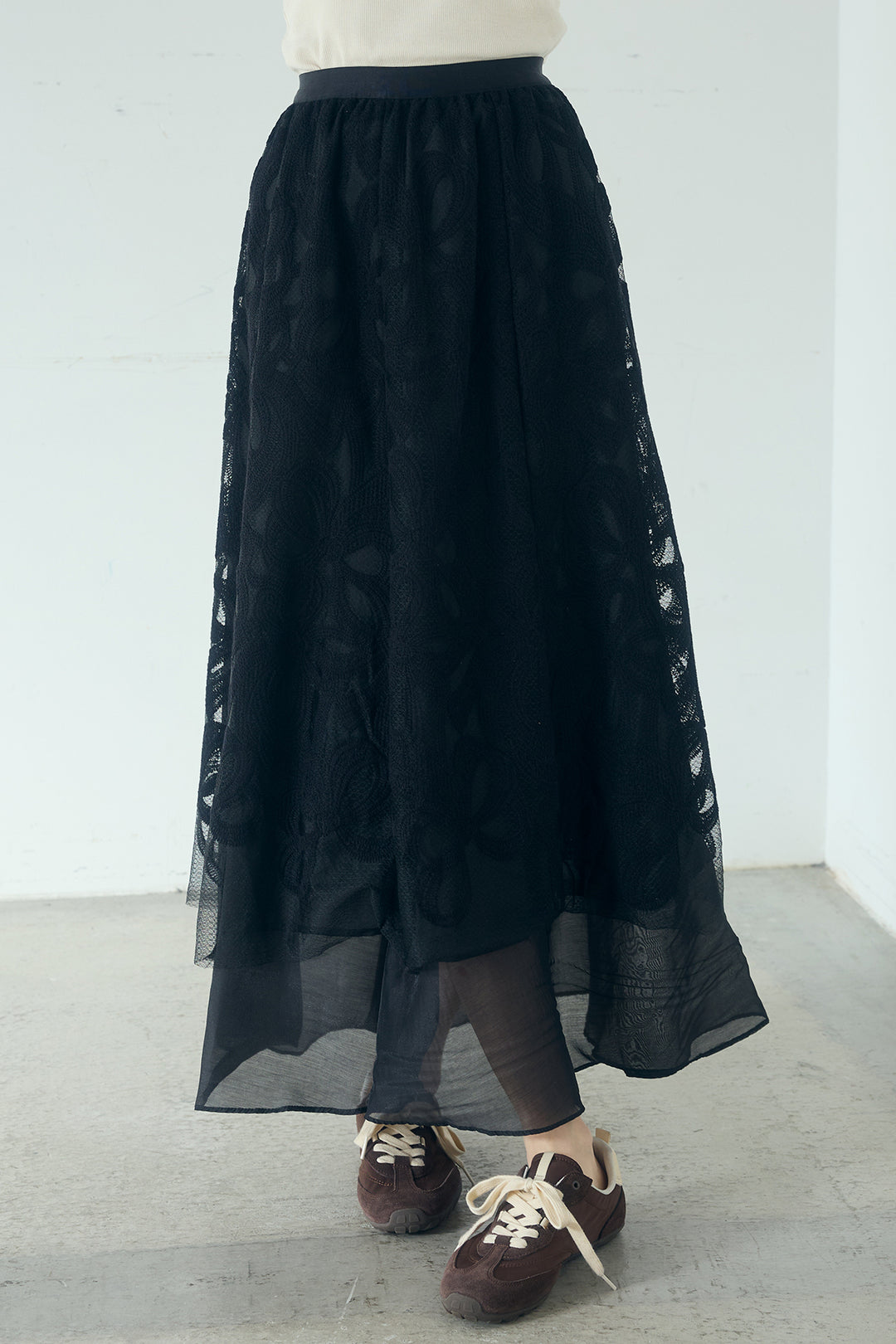 [SET]ベルト付きスタンドネックアウター+ニュアンス柄刺繍スカート(2set)