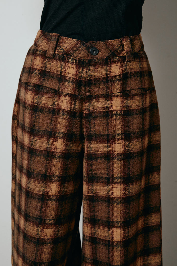 [SET]シャギーカシュクールニットトップス+ルーズタータンチェックワイドパンツ(2set)