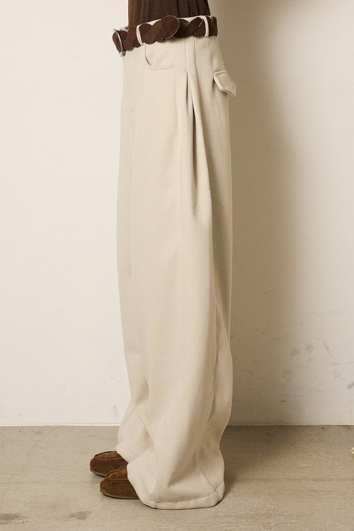 [SET]ボリュームポップコーンニットトップス+編みベルト付きワイドパンツ(2set)