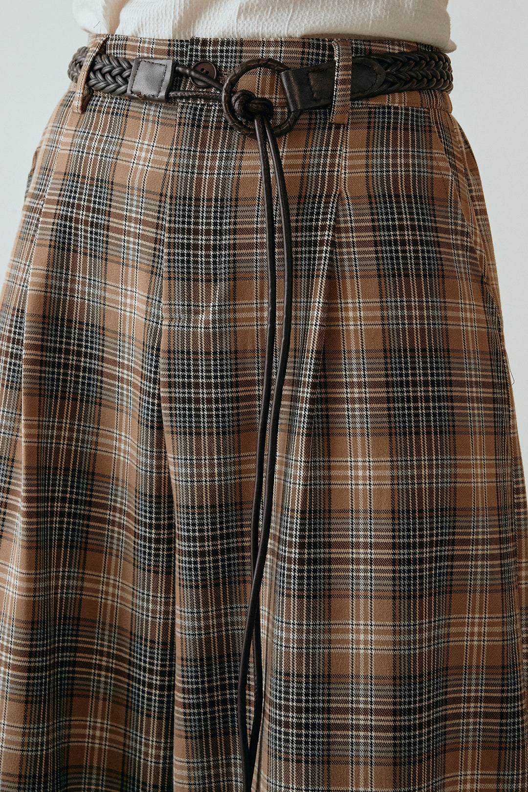 [SET]カシュクールデザインニット+編みベルト付きタータンチェックワイドパンツ(2set)
