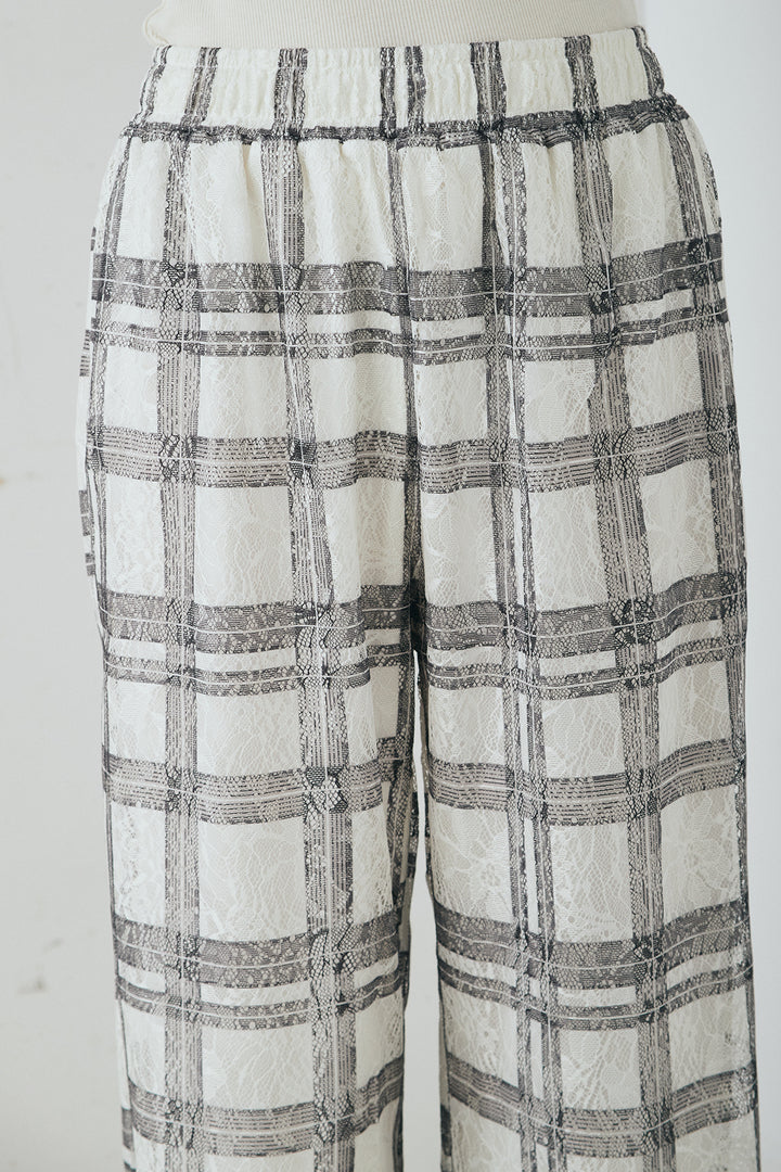 [SET]スタンドカラーデニムブルゾンジャケット+レースチェックワイドイージーパンツ(2set)