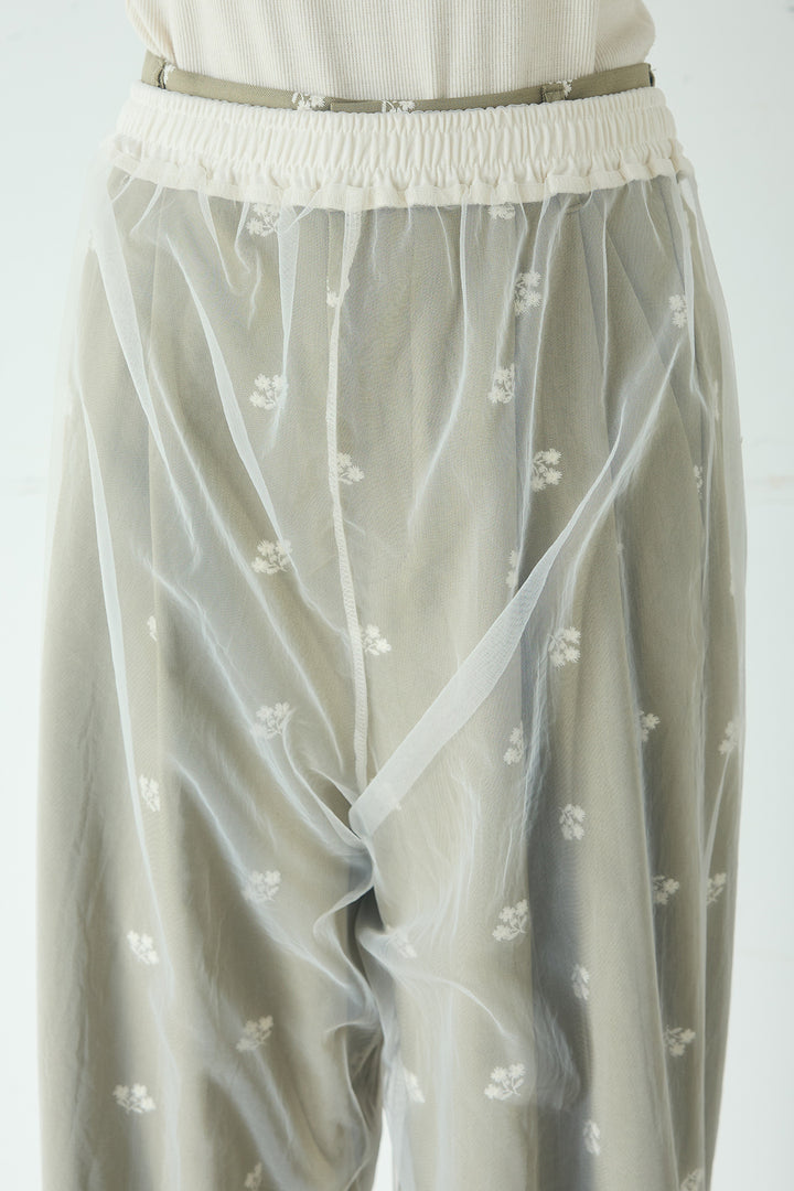 [SET]ノーカラーフロントギャザージップアウター+花柄刺繍ツイルタックパンツ+ニュアンスウェーブ刺繍シアーチュールパンツ(3set)