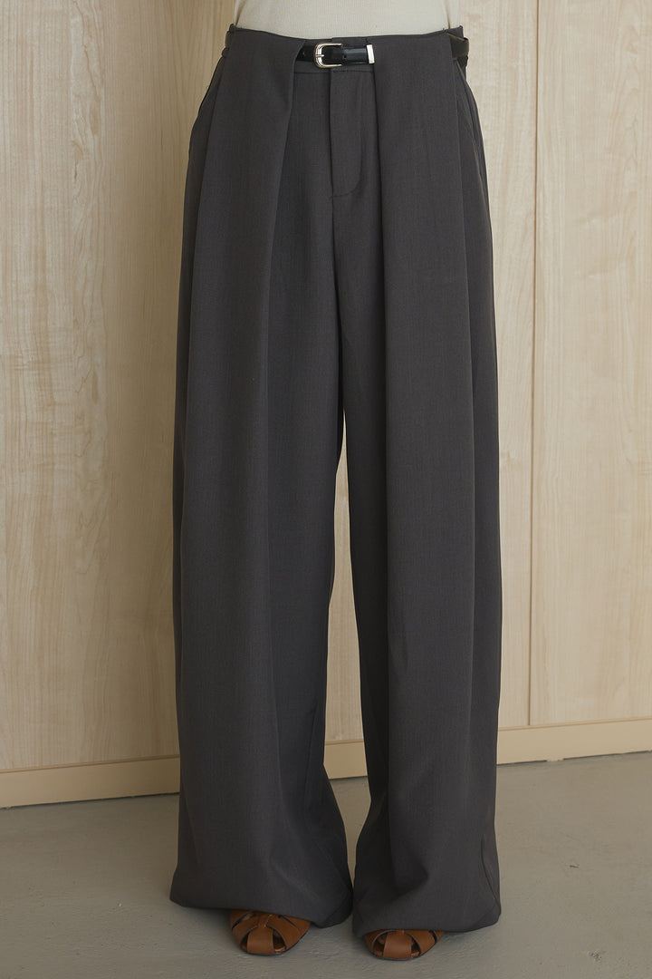 [SET]襟付き配色デニムブルゾン+ビックベルトループタックベルト付きワイドパンツ(2set)