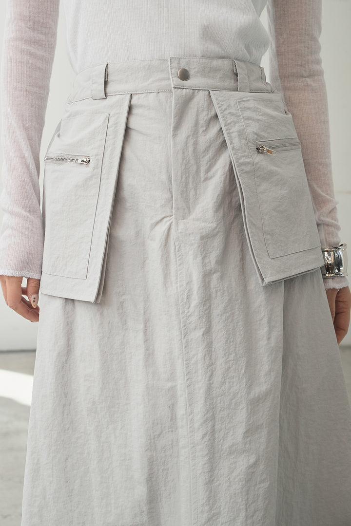 [SET]襟付きナイロンベスト+サイドデザインナイロンスカート+リブシアークルーネック長袖トップス(3set)