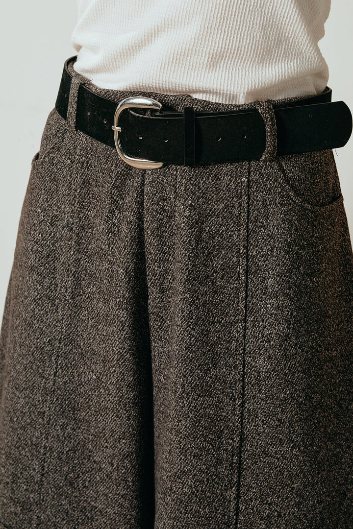 [SET]起毛ノルディック柄ニットカーディガン+太ベルト付きツイードワイドパンツ(2set)