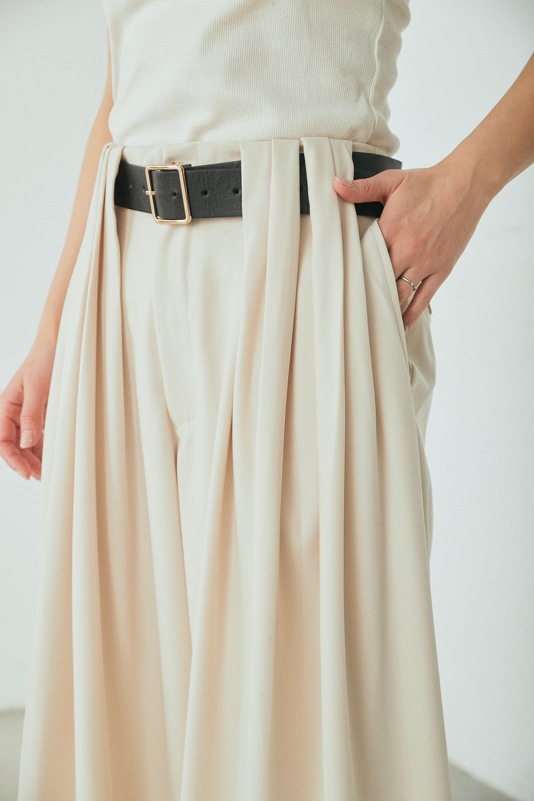 [SET]リバーレースハーフジップ裏毛スウェット+ベルト付きタックデザインハイウエストロングパンツ(2set)