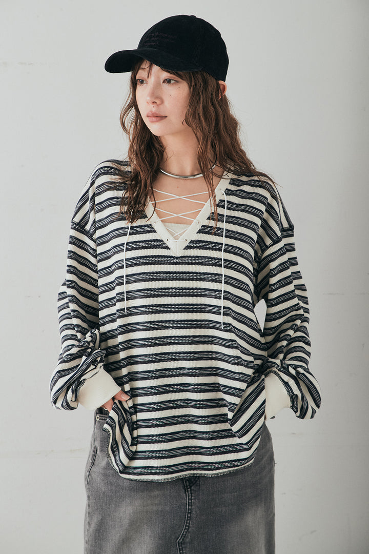 レースアップワッフルボーダートップス