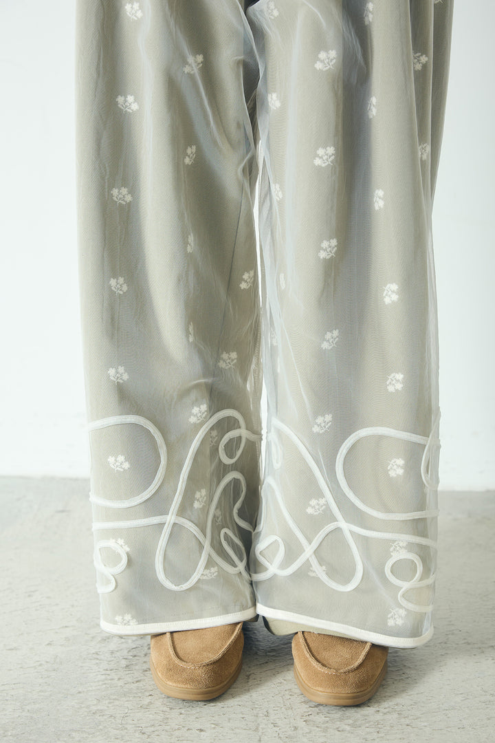 [SET]ニュアンスウェーブ刺繍シアーチュールパンツ+花柄刺繍ツイルタックパンツ(2set)