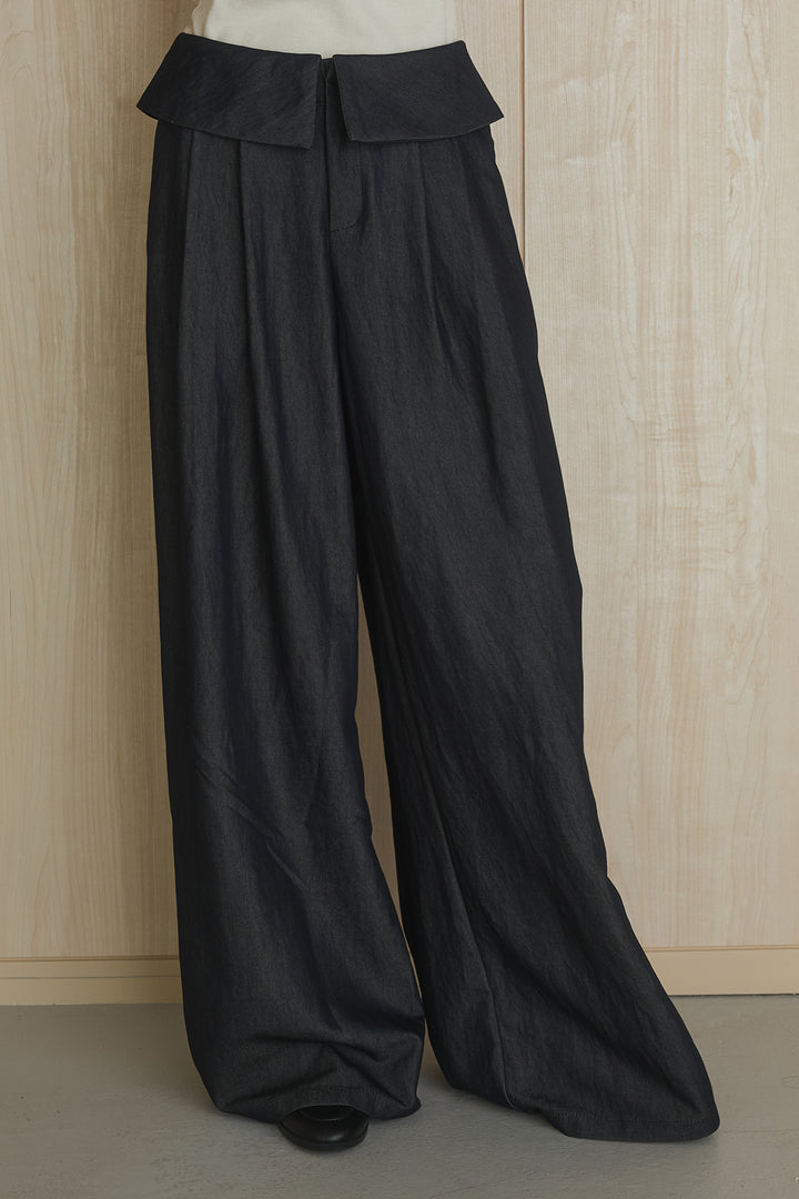 [SET]ネック編みデザインニットトップス+ウエスト折り返しワイドパンツ(2set)