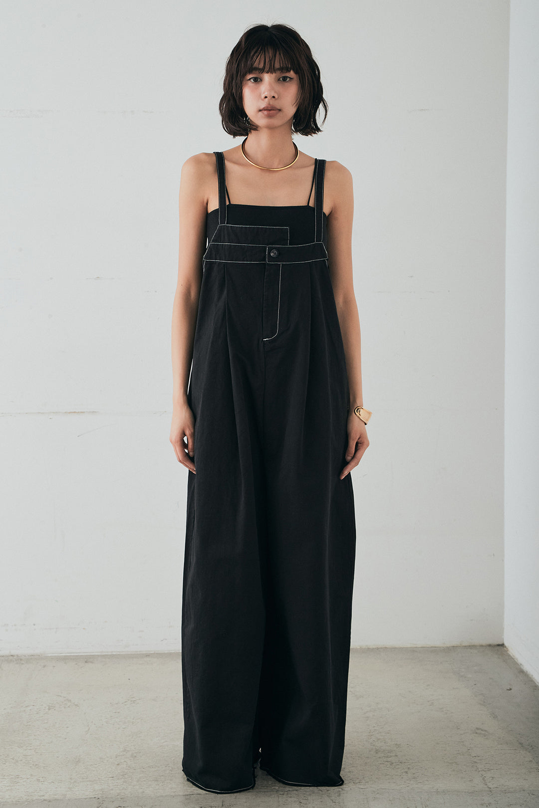 [SET]襟切り替えジップデニムジャケット+綿ツイルアシメサロペット(2set)