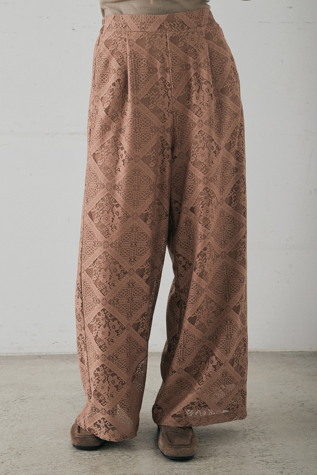 [SET]ブロックレースフード付きブラウス+リラックスブロックレースワイドパンツ(2set)