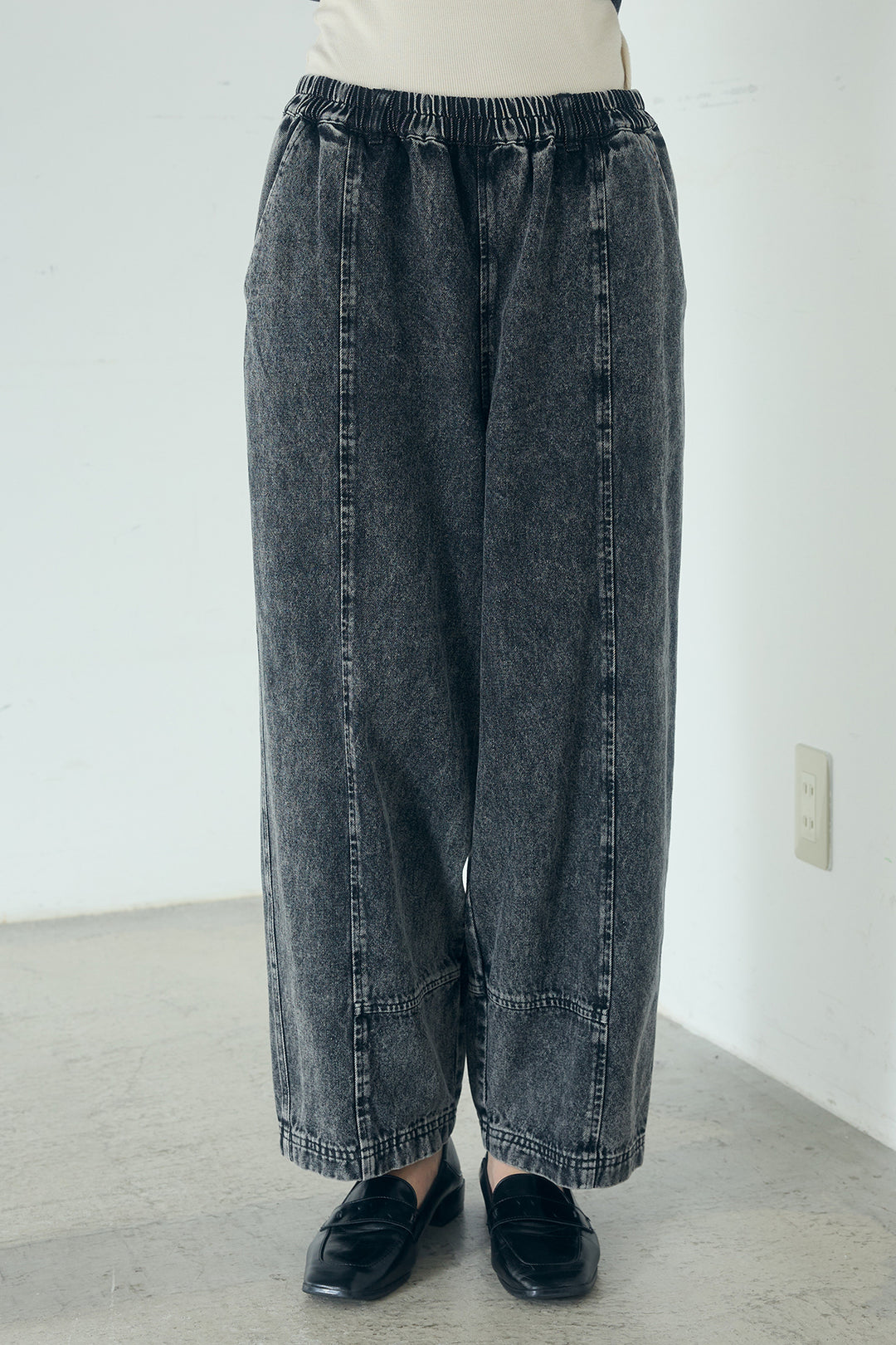 [SET]カラーデニムケミカル加工ノーカラーブルゾン+カラーデニムケミカル加工コクーンパンツ(2set)