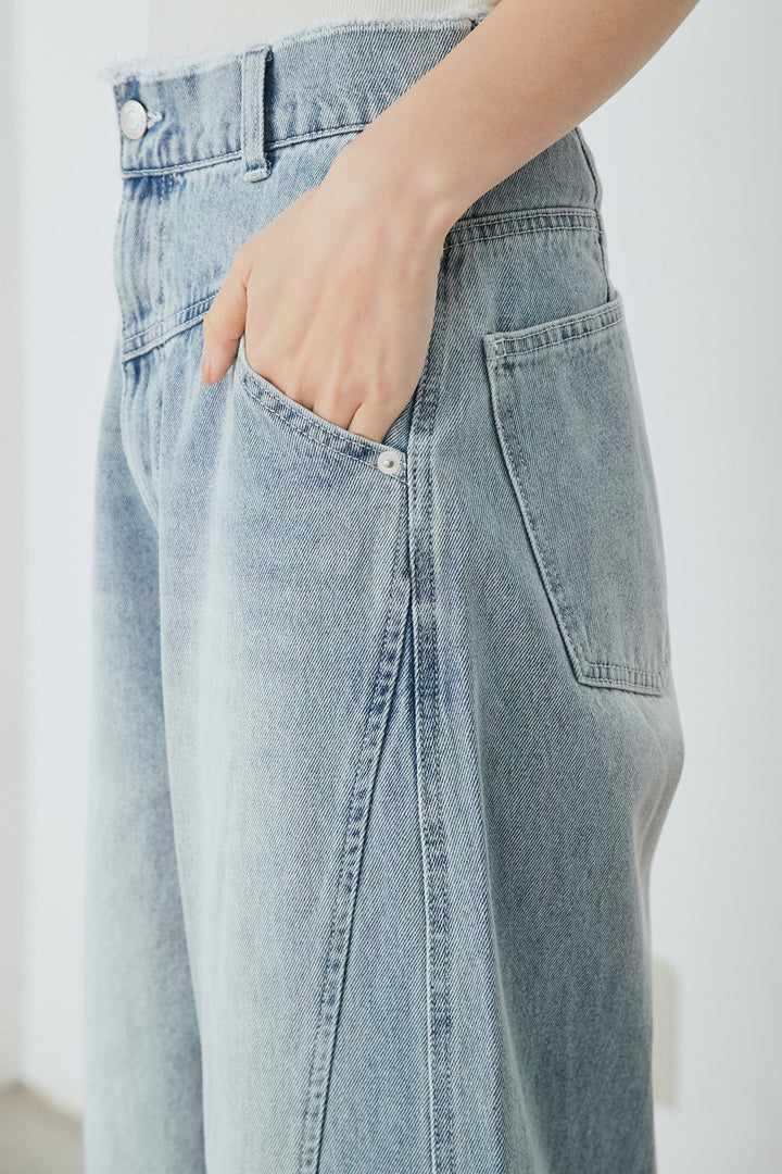 [SET]綿タッチVネックボーダートップス+デニムヨークパンツ(2set)