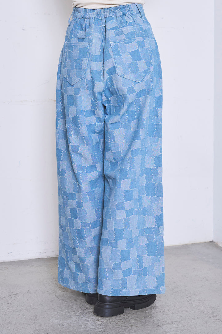 [SET]ロングシアーアウター+パッチワーク風デニムワイドパンツ(2set)