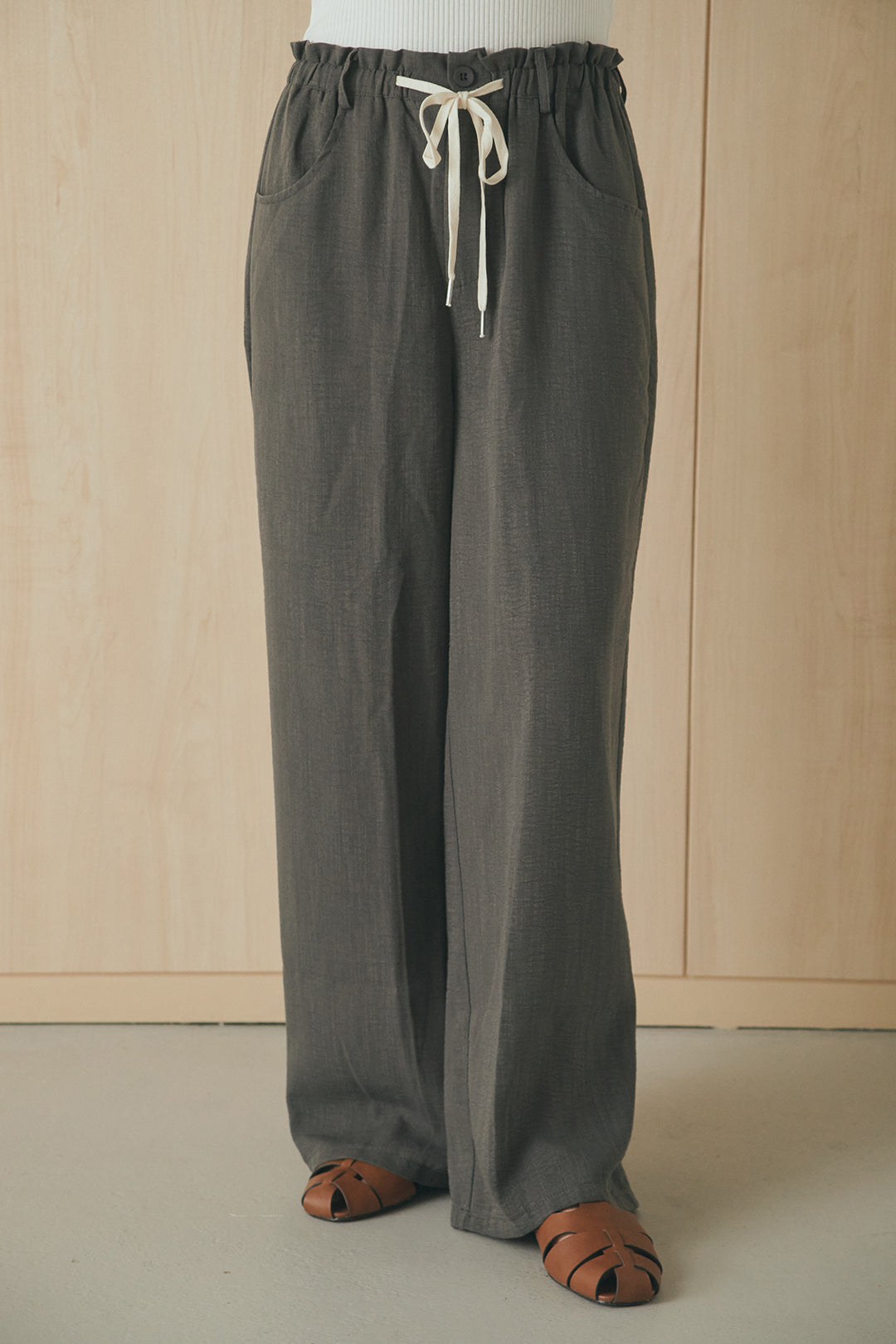 [SET]麻混ノーカラーブルゾン+麻混ウエストドロストパンツ(2set)