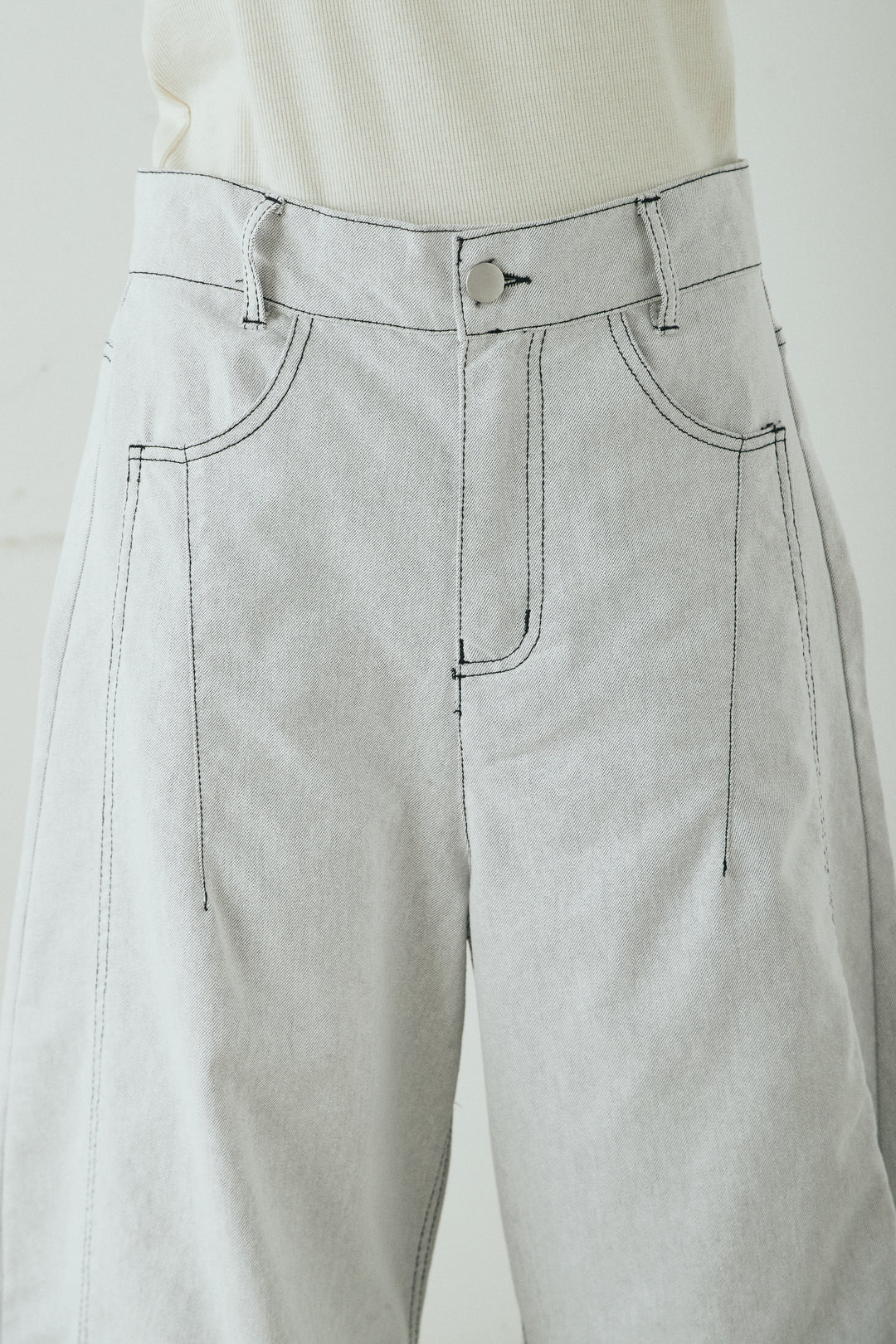 [SET]レーヨンストライプスカーフ+ツイル配色ステッチバレルパンツ+レーヨンストライプバンドカラー長袖シャツ(3set)