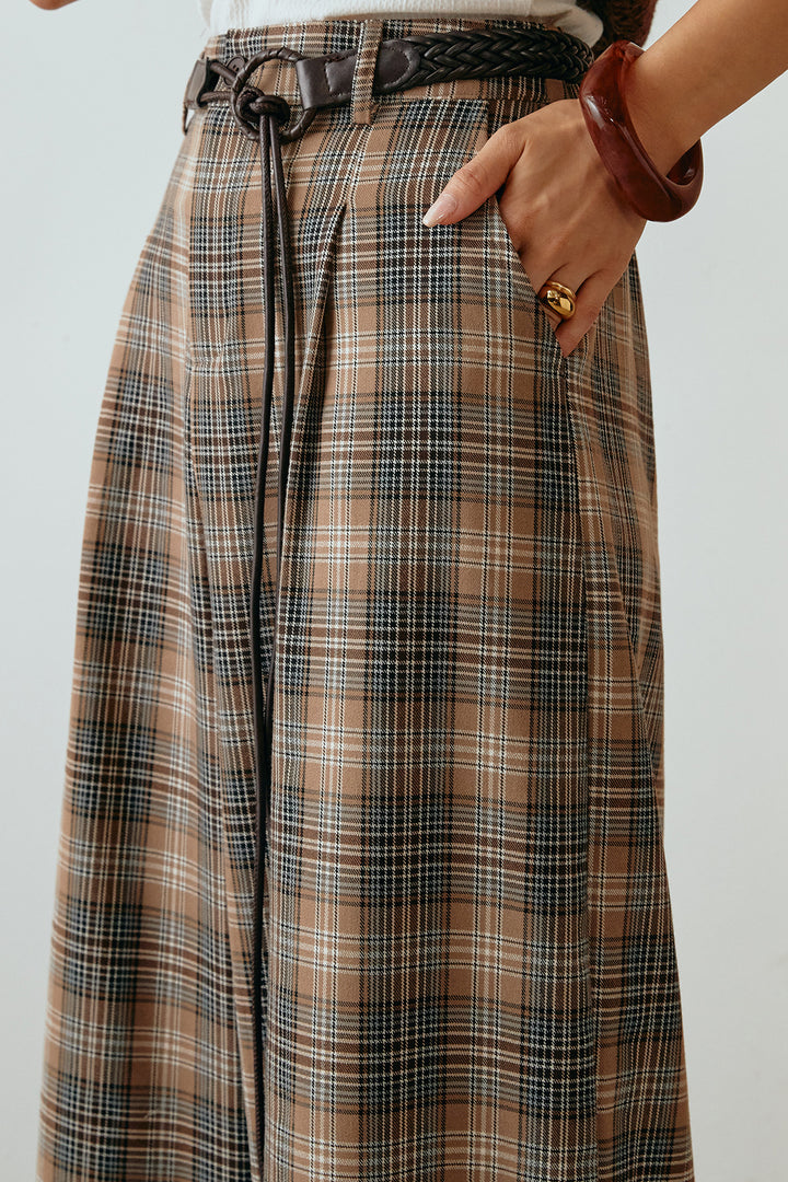 [SET]カシュクールデザインニット+編みベルト付きタータンチェックワイドパンツ(2set)
