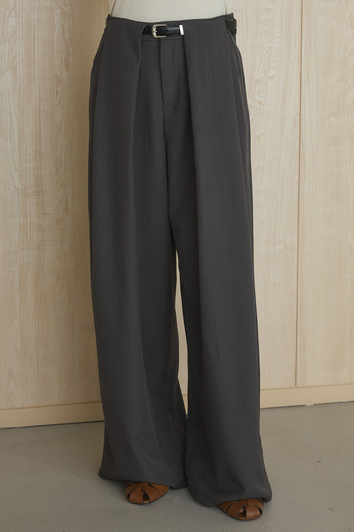 [SET]ヘンリーネックダメージニットプルオーバー+ビックベルトループタックベルト付きワイドパンツ(2set)