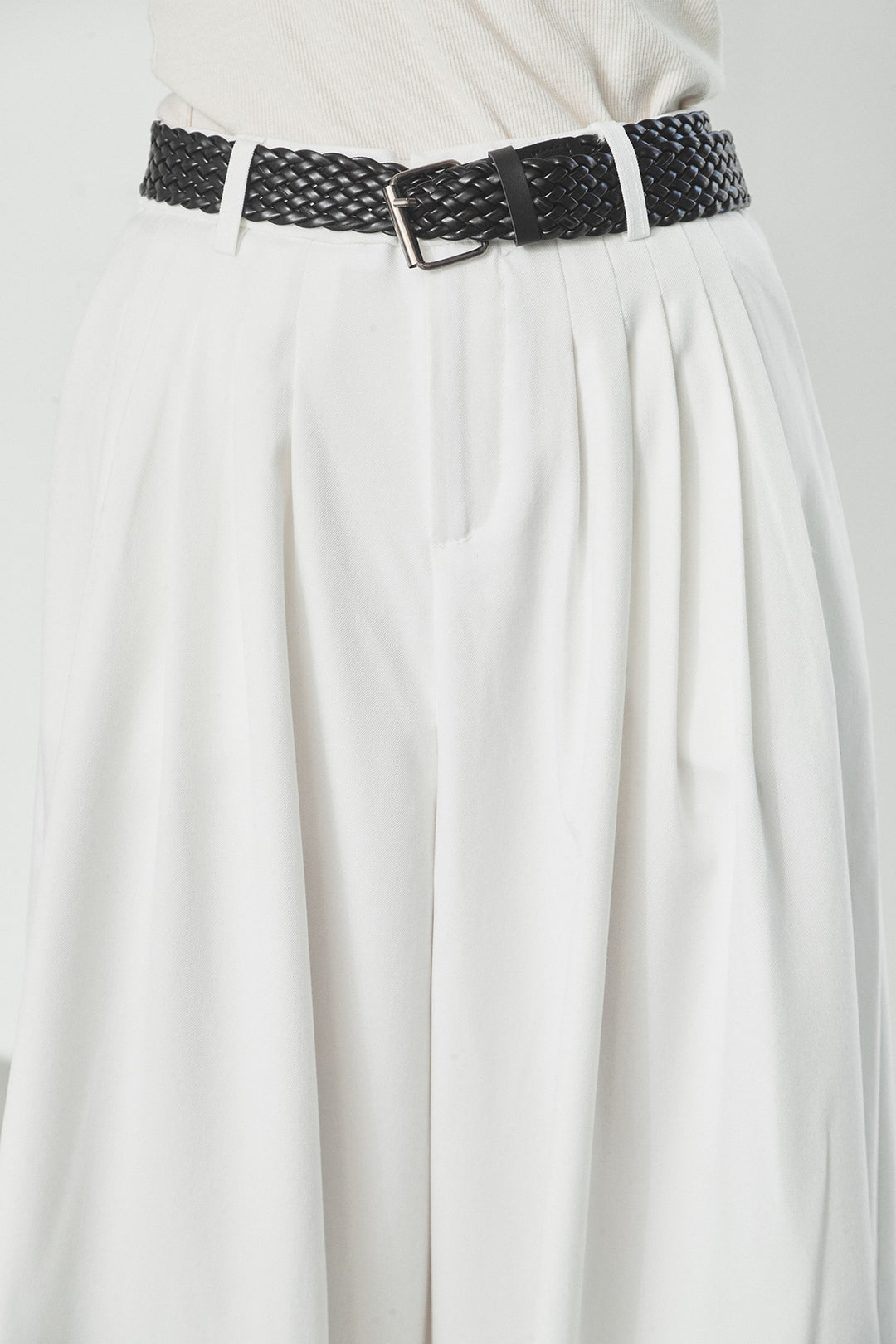 【即納】編みベルト付きウエストタックワイドパンツ