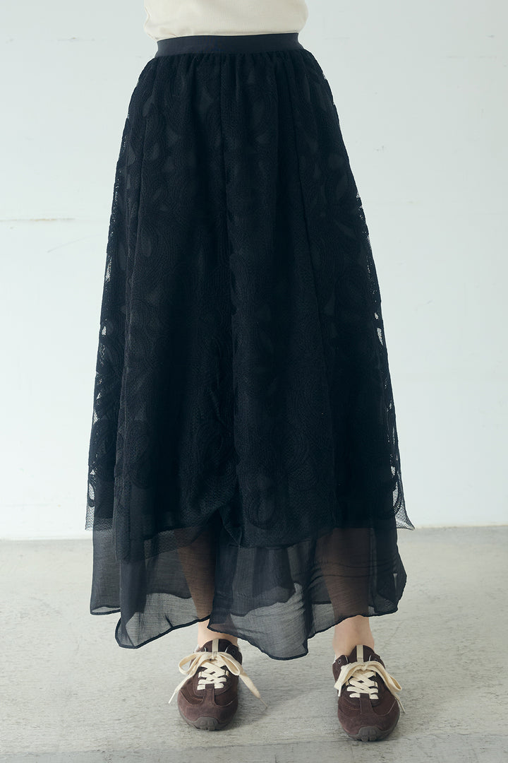 [SET]ベルト付きスタンドネックアウター+ニュアンス柄刺繍スカート(2set)