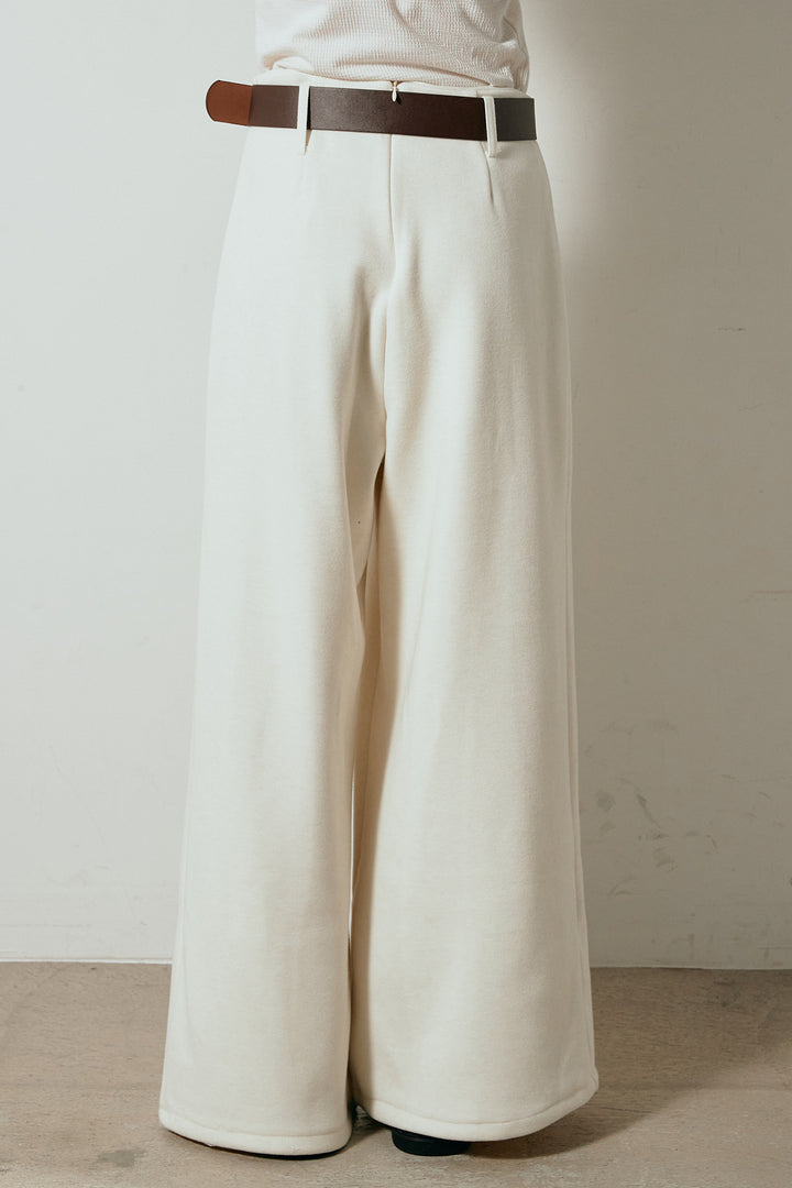 [SET]スタンドネックファーコート+フェイクレザー太ベルト付きタックワイドパンツ(2set)