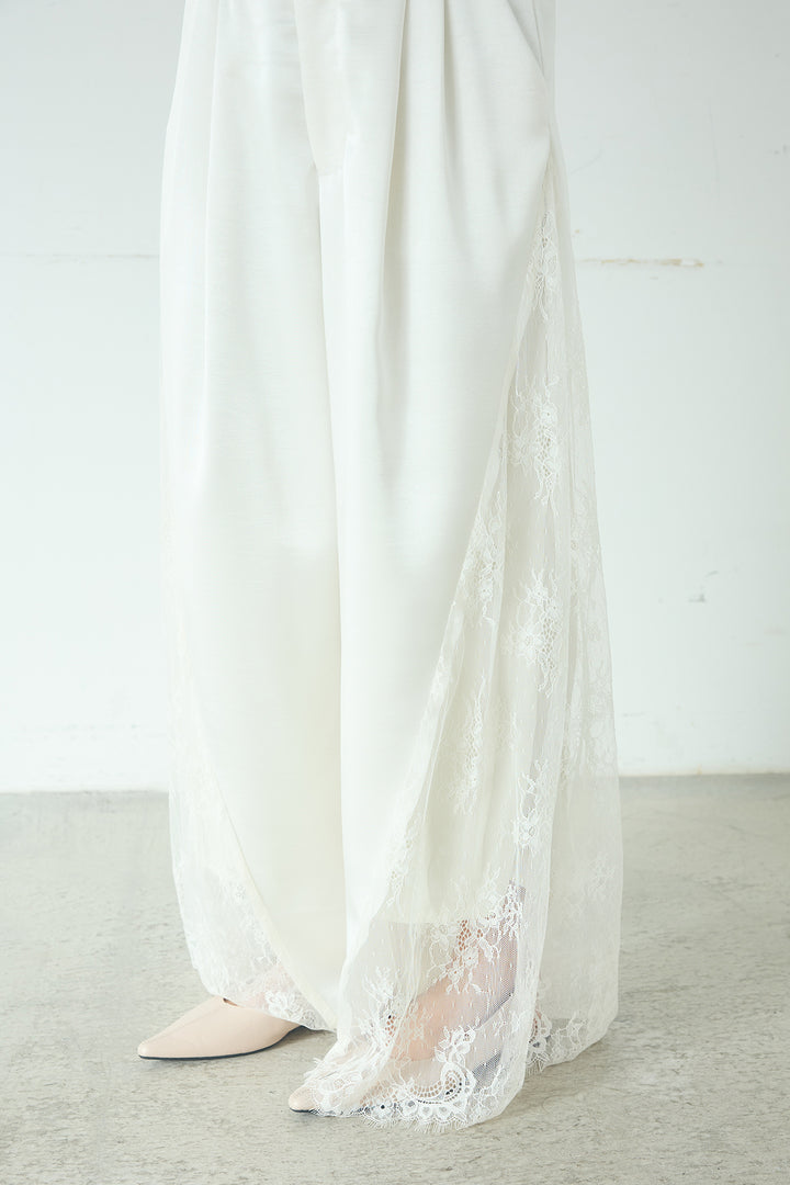 [SET]刺繍レースオーバーサイズシャツ+サテンレース切り替えタックパンツ(2set)