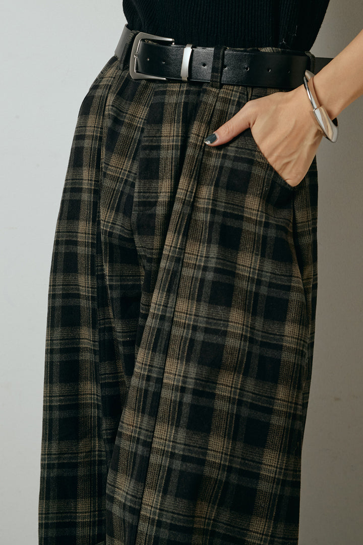ベルト付きタータンチェックカーブワイドパンツ