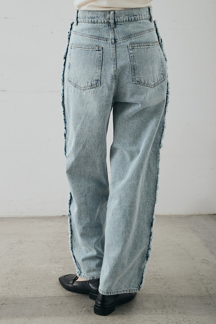 [SET]ランダムストライプスカーフ付きシャツ+デニムサイドフリルパンツ(2set)