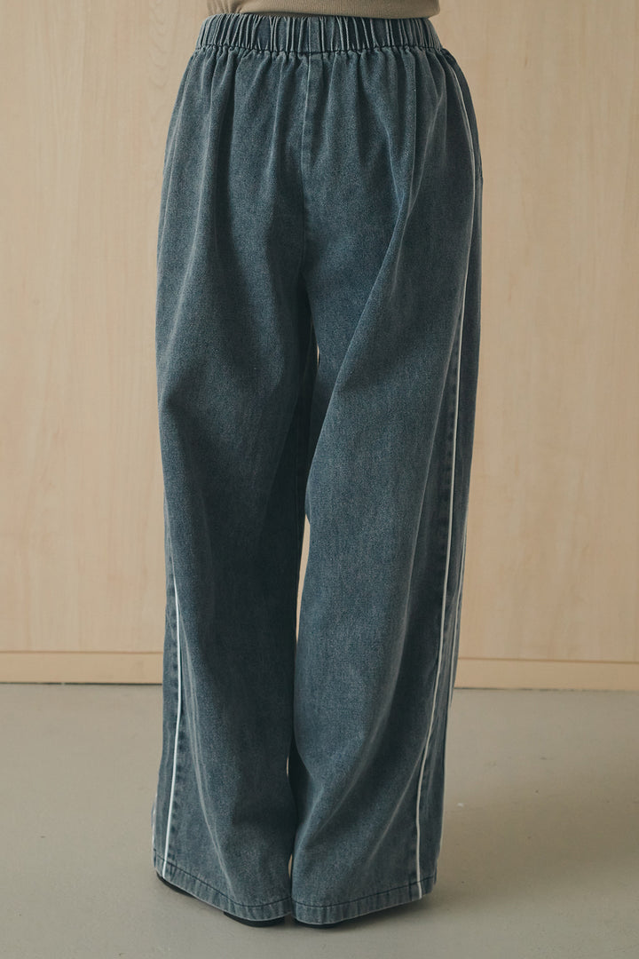 [SET]長袖襟付きレースシャツ+ドロストサイドラインデニムパンツ(2set)