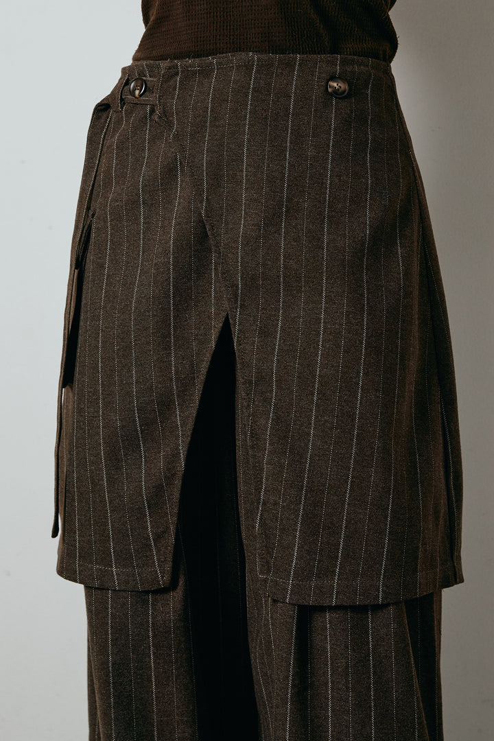 [SET]襟付きレイヤードニットトップス+細ストライプレイヤードデザインパンツ(2set)